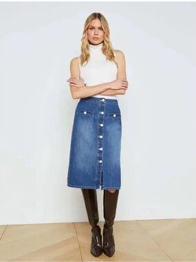 NWT L'AGENCE LANDRY BLUE DENIM BUTTON FRONT MIDI SKIRT SIZE 29